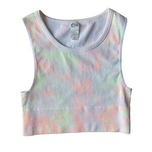 Zyia Active Neon Pastel Watercolor Tie Dye Ribbed Crop Top, Size Large